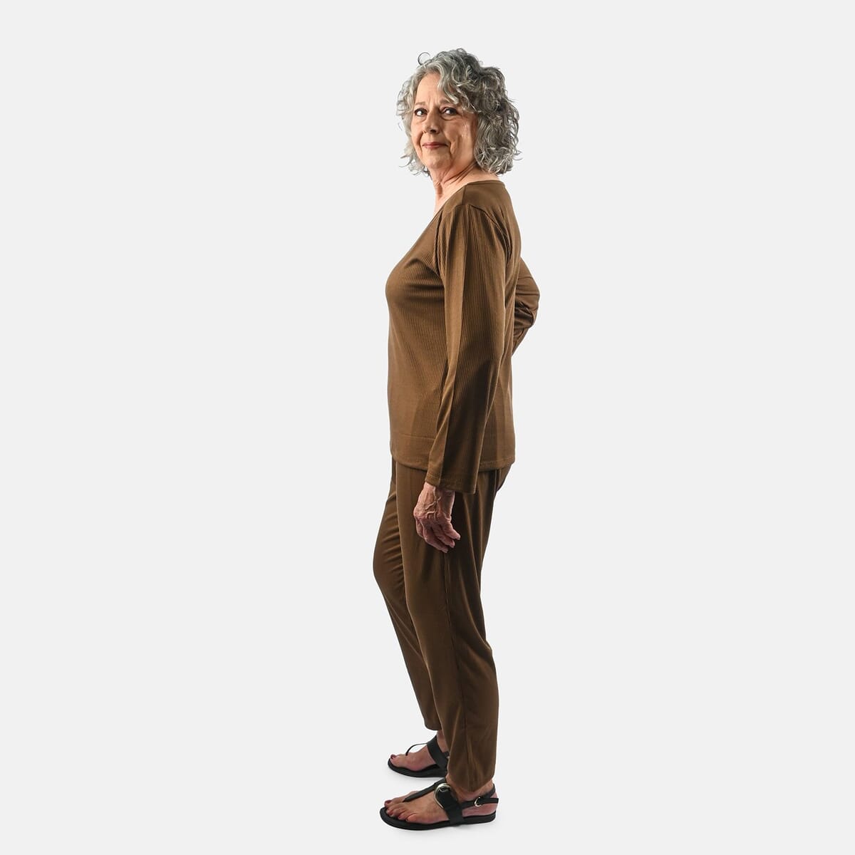 Tamsy Chocolate Rib Knit Long Sleeve Lounge Set - L image number 2