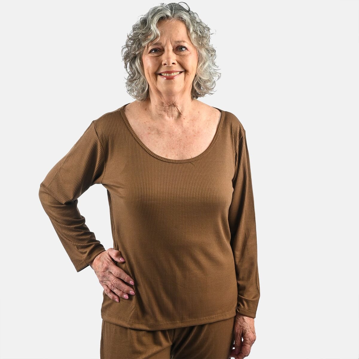 Tamsy Chocolate Rib Knit Long Sleeve Lounge Set - L image number 3