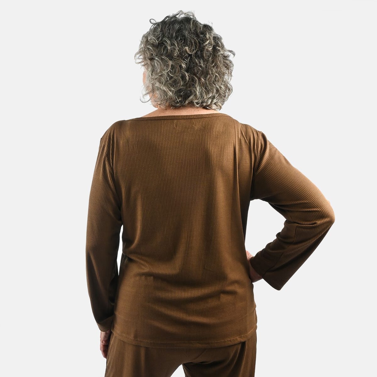 Tamsy Chocolate Rib Knit Long Sleeve Lounge Set - L image number 4