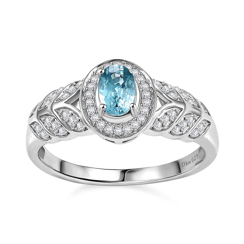 D'Joy Cambodian Blue Zircon and Moissanite 1.00 ctw Fern Leaf Ring in Rhodium Over Sterling Silver (Size 10.0)