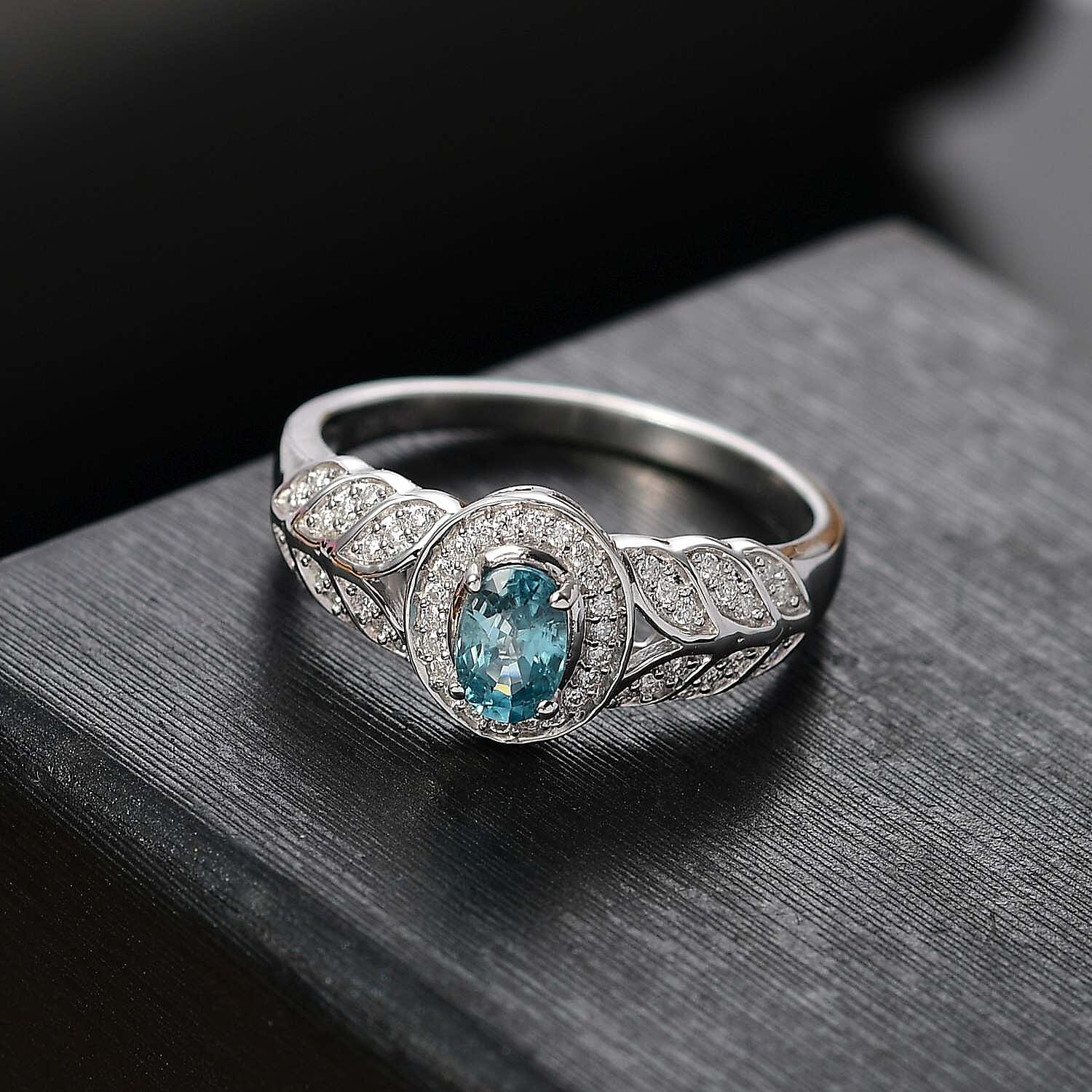D'Joy Cambodian Blue Zircon and Moissanite 1.00 ctw Fern Leaf Ring in Rhodium Over Sterling Silver (Size 10.0)
