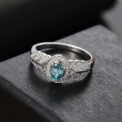 D'Joy Cambodian Blue Zircon and Moissanite 1.00 ctw Fern Leaf Ring in Rhodium Over Sterling Silver (Size 10.0)