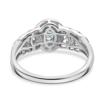 D'Joy Cambodian Blue Zircon and Moissanite 1.00 ctw Fern Leaf Ring in Rhodium Over Sterling Silver (Size 10.0)