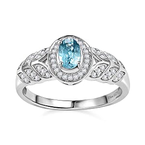 Cambodian Blue Zircon and Moissanite 1.00 ctw Fern Leaf Ring in Rhodium Over Sterling Silver (Size 5.0)