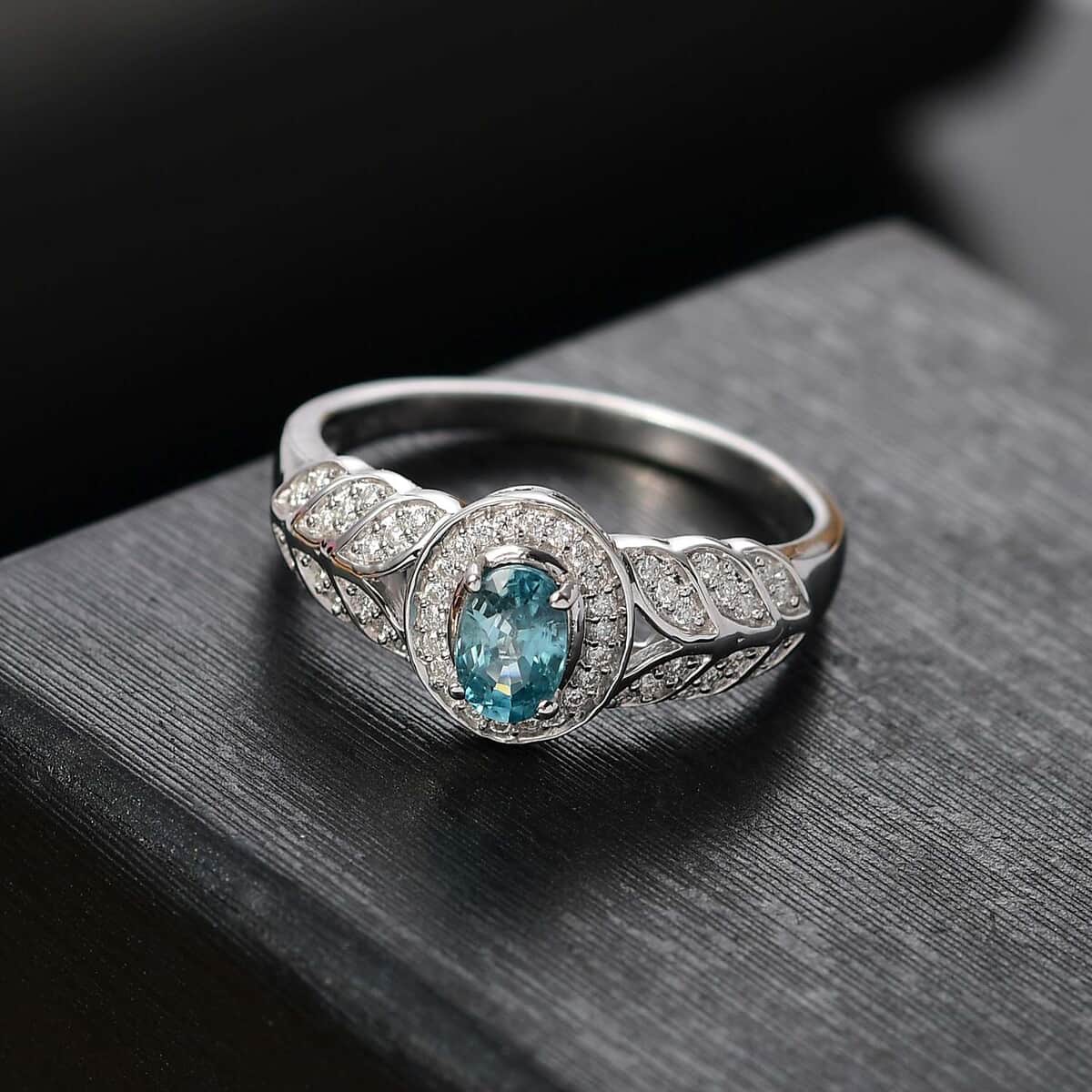 Cambodian Blue Zircon and Moissanite 1.00 ctw Fern Leaf Ring in Rhodium Over Sterling Silver (Size 8.0) image number 1