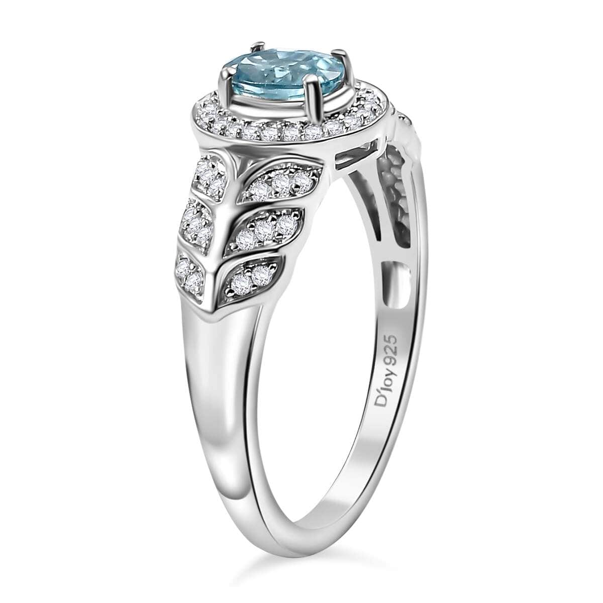 Cambodian Blue Zircon and Moissanite 1.00 ctw Fern Leaf Ring in Rhodium Over Sterling Silver (Size 8.0) image number 3