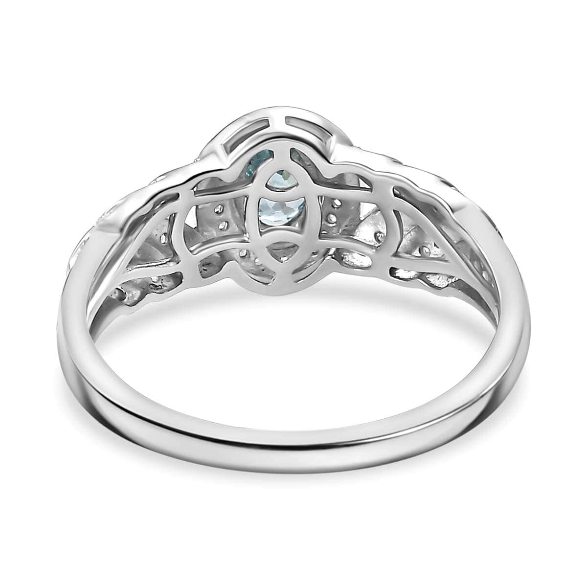 Cambodian Blue Zircon and Moissanite 1.00 ctw Fern Leaf Ring in Rhodium Over Sterling Silver (Size 8.0) image number 4