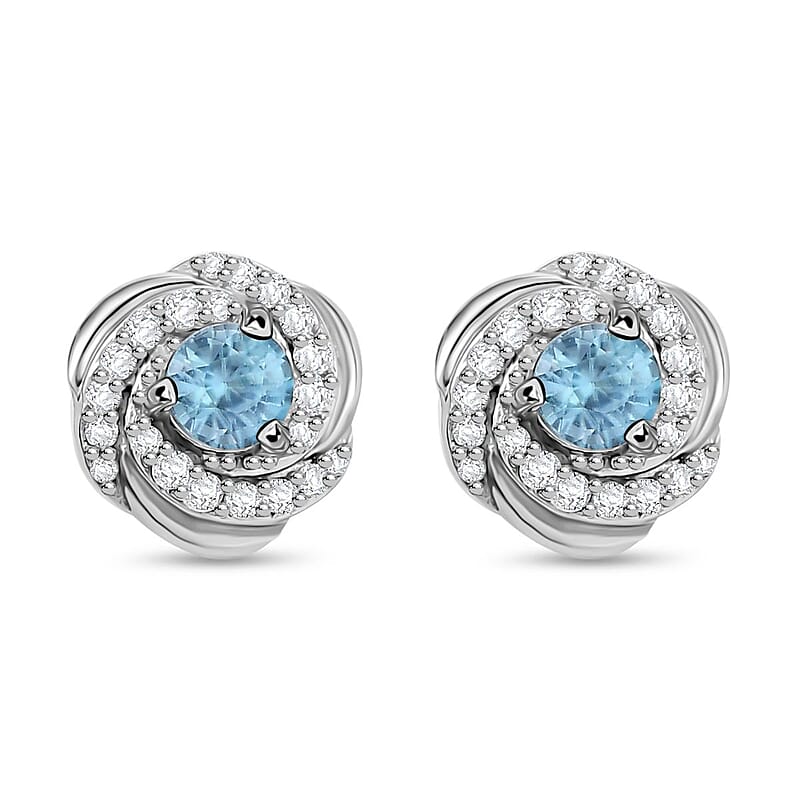 D'Joy Premium Cambodian Blue Zircon and White Zircon 1.25 ctw Love Knot Earrings in Rhodium Over Sterling Silver