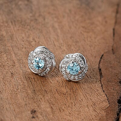 D'Joy Premium Cambodian Blue Zircon and White Zircon 1.25 ctw Love Knot Earrings in Rhodium Over Sterling Silver