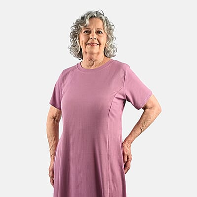 Tamsy Fig Rib Knit Princess Seam Short Sleeve Dress - M