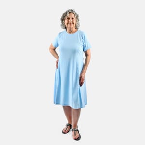 Tamsy Baby Blue Rib Knit Princess Seam Short Sleeve Dress - L