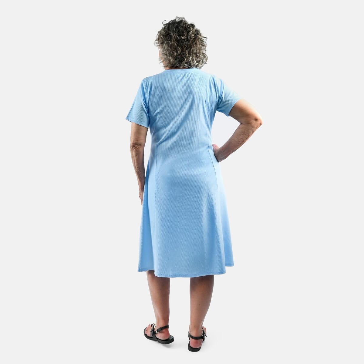 Tamsy Baby Blue Rib Knit Princess Seam Short Sleeve Dress - L image number 1