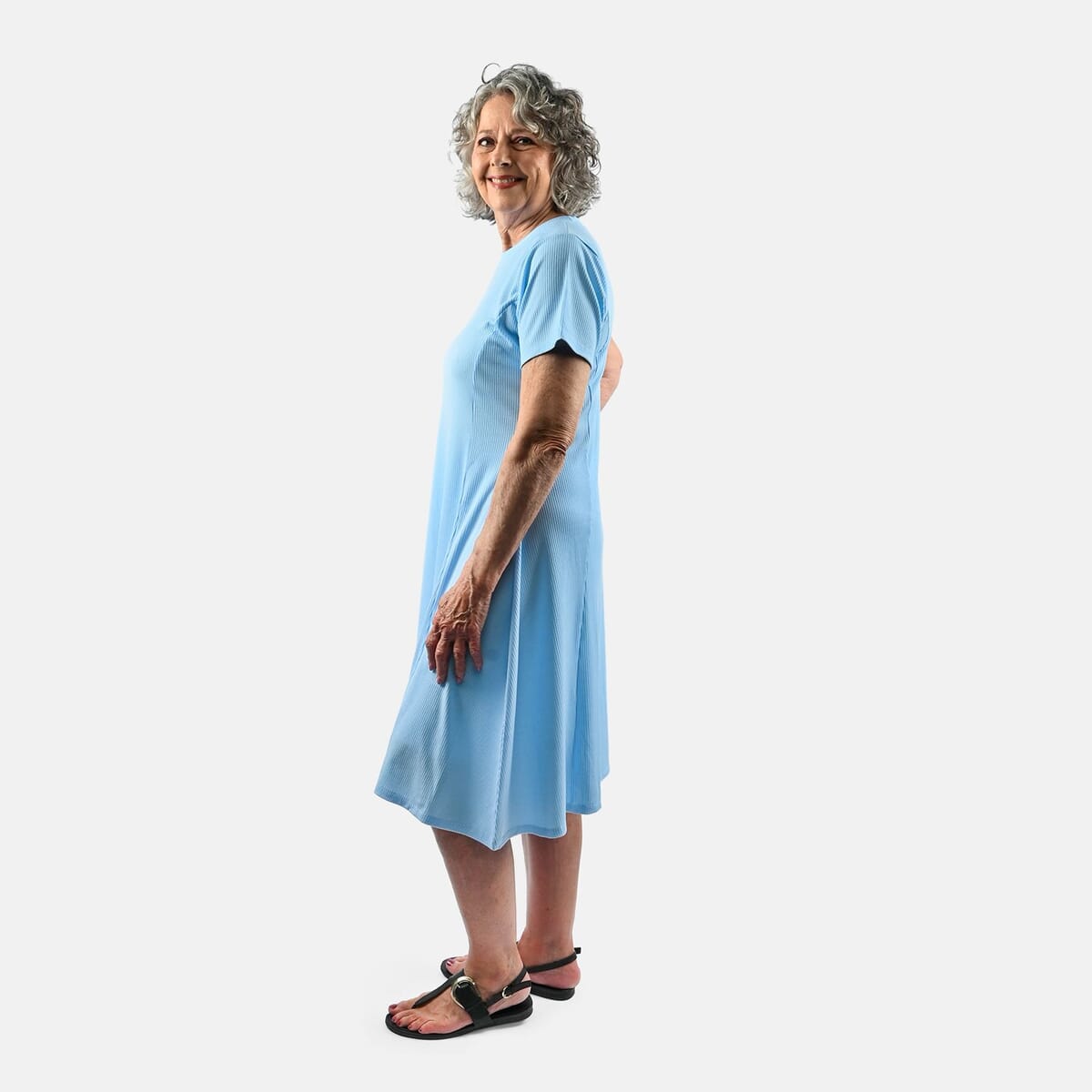 Tamsy Baby Blue Rib Knit Princess Seam Short Sleeve Dress - L image number 2