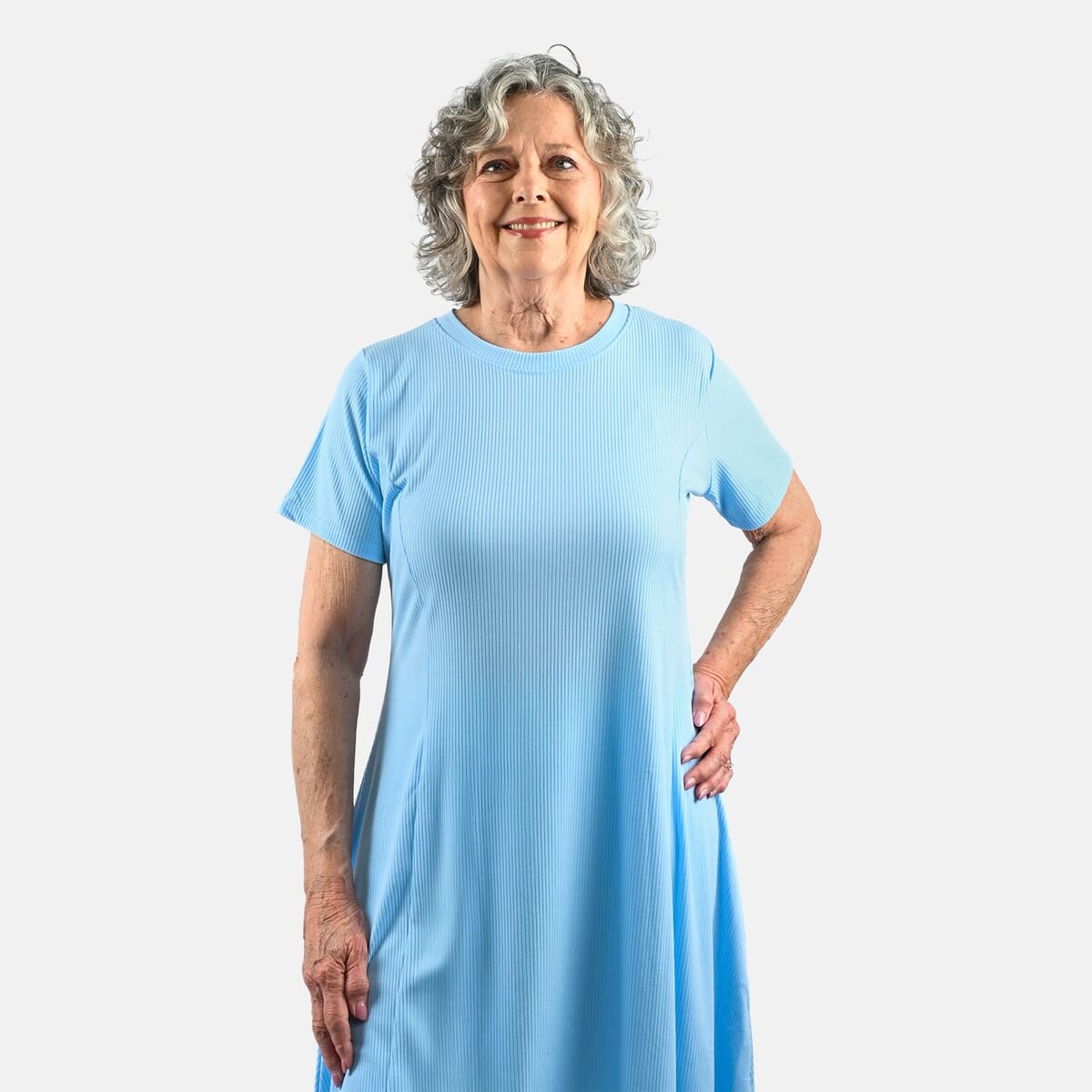 Tamsy Baby Blue Rib Knit Princess Seam Short Sleeve Dress - L image number 3