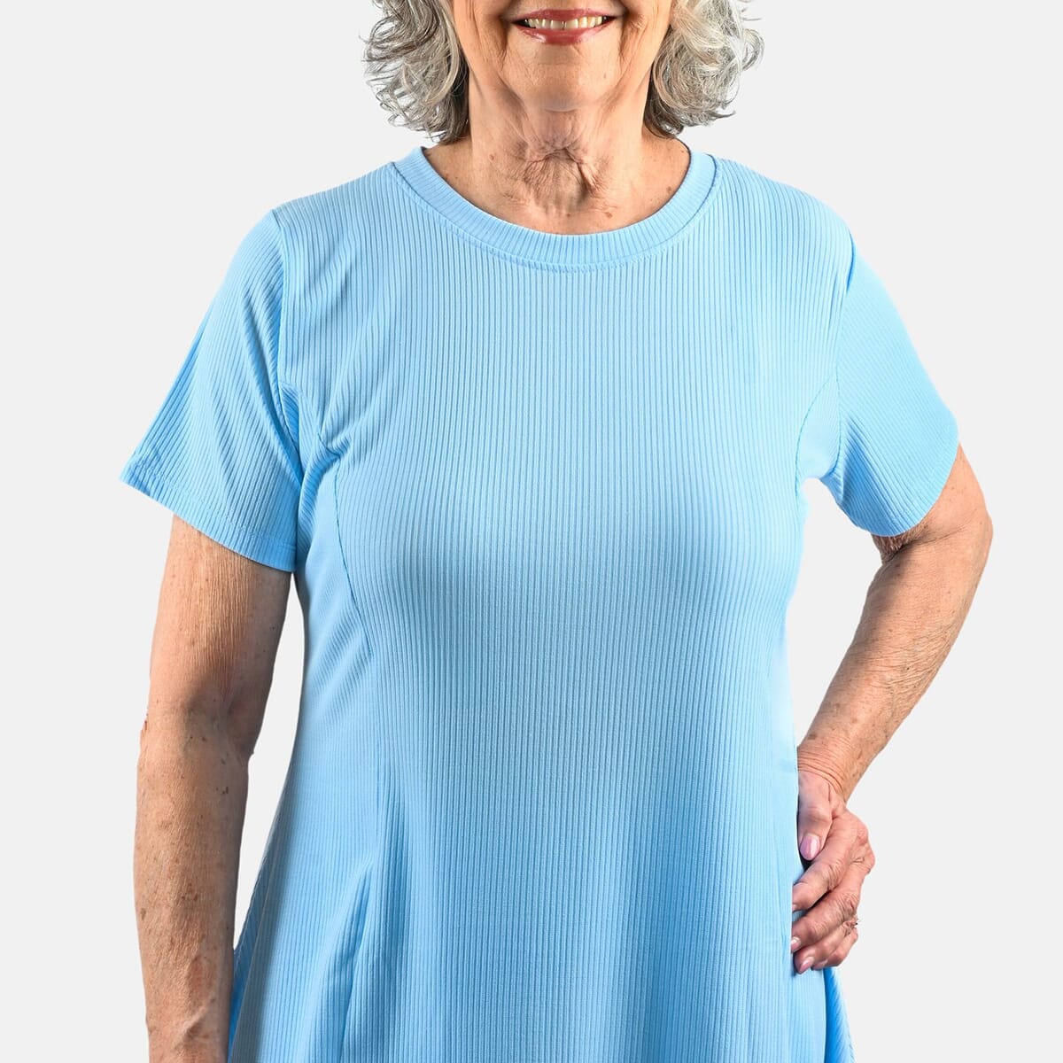 Tamsy Baby Blue Rib Knit Princess Seam Short Sleeve Dress - L image number 5