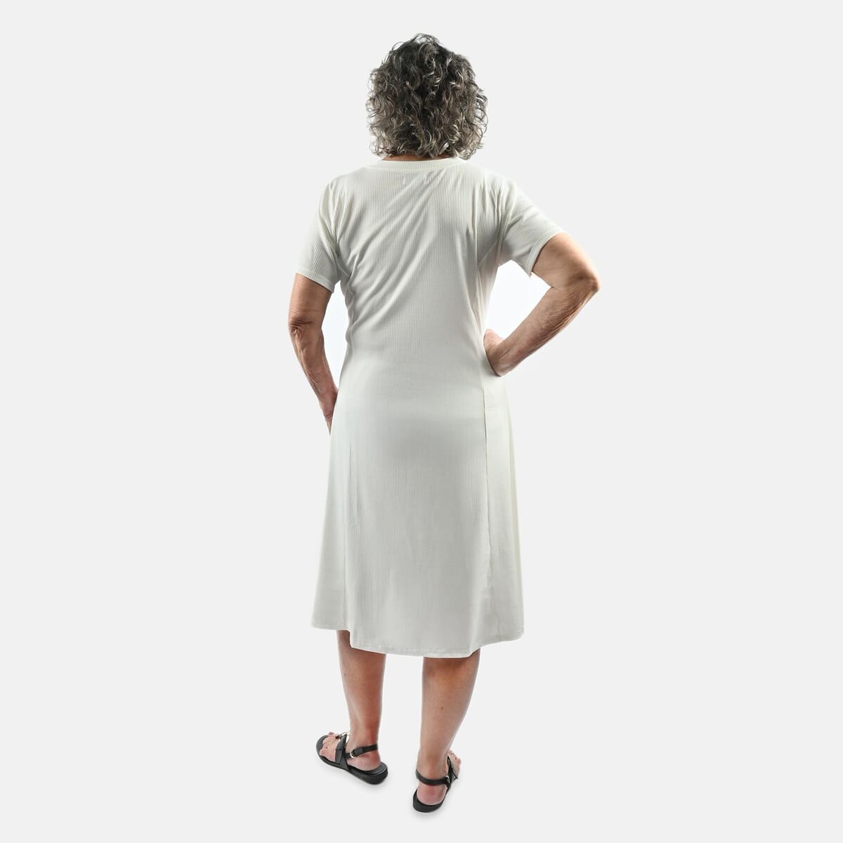 Tamsy White Rib Knit Princess Seam Short Sleeve Dress - L image number 1