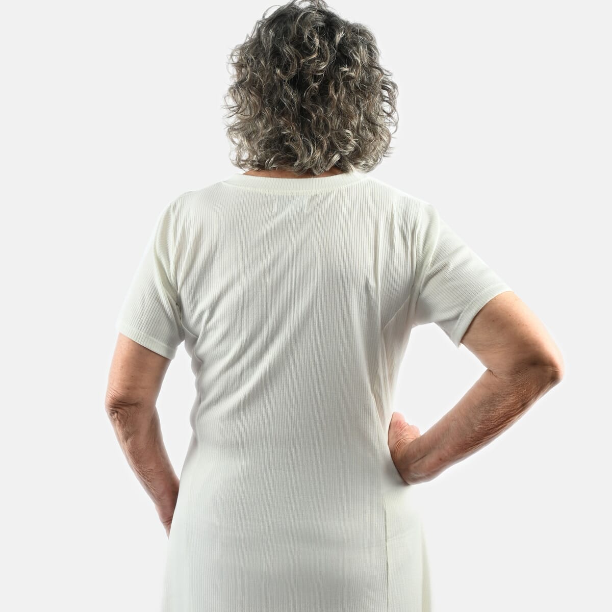 Tamsy White Rib Knit Princess Seam Short Sleeve Dress - L image number 4