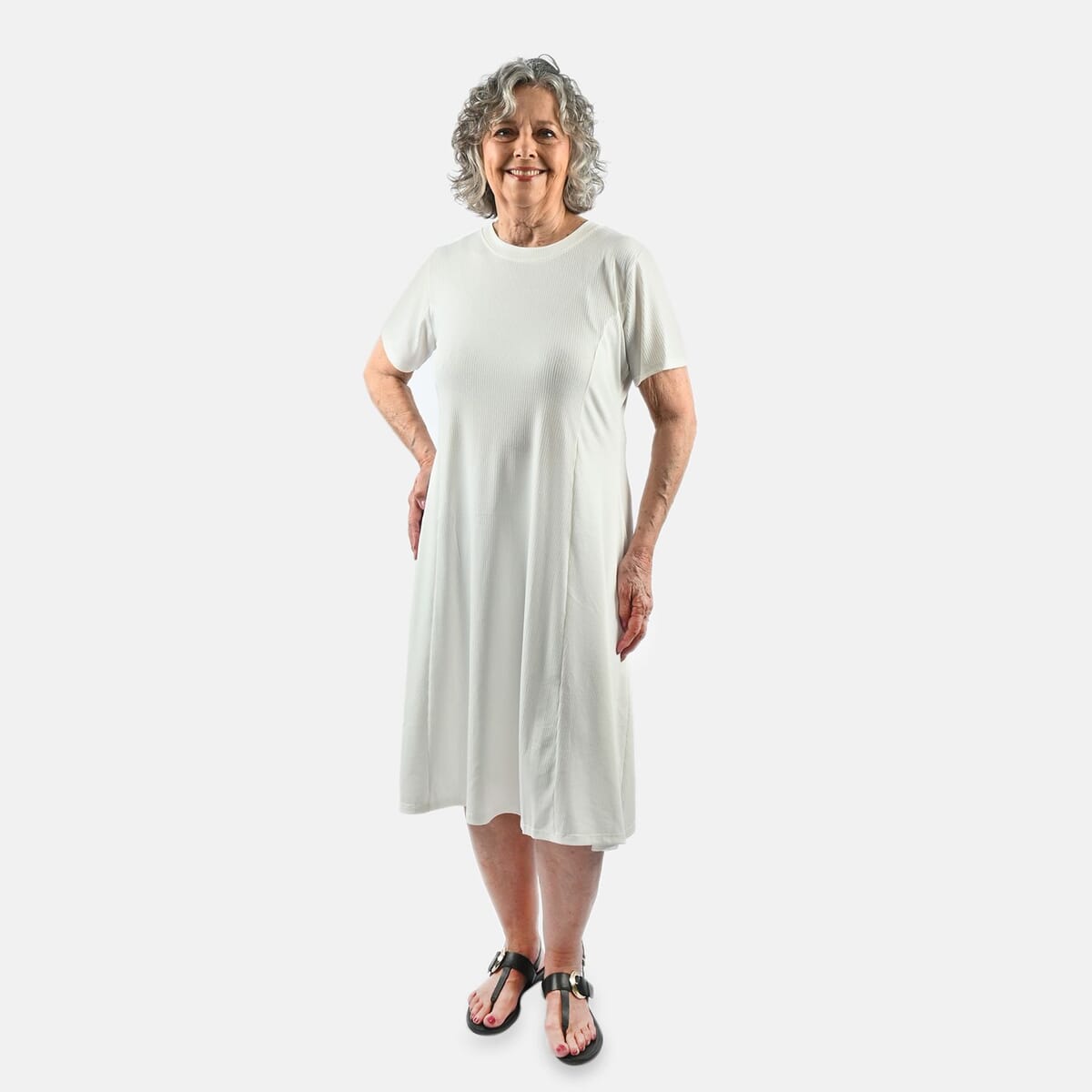 Tamsy White Rib Knit Princess Seam Short Sleeve Dress - XL image number 0