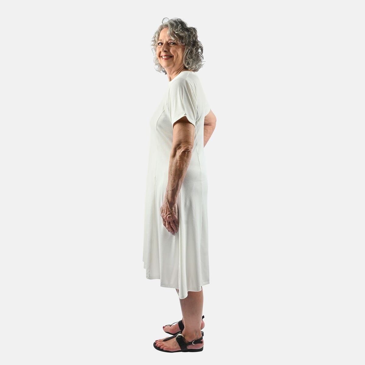 Tamsy White Rib Knit Princess Seam Short Sleeve Dress - XL image number 2
