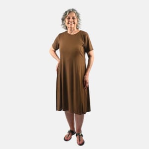 Tamsy Chocolate Rib Knit Princess Seam Short Sleeve Dress - M