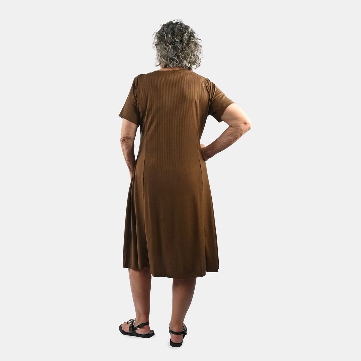 Tamsy Chocolate Rib Knit Princess Seam Short Sleeve Dress - M image number 1