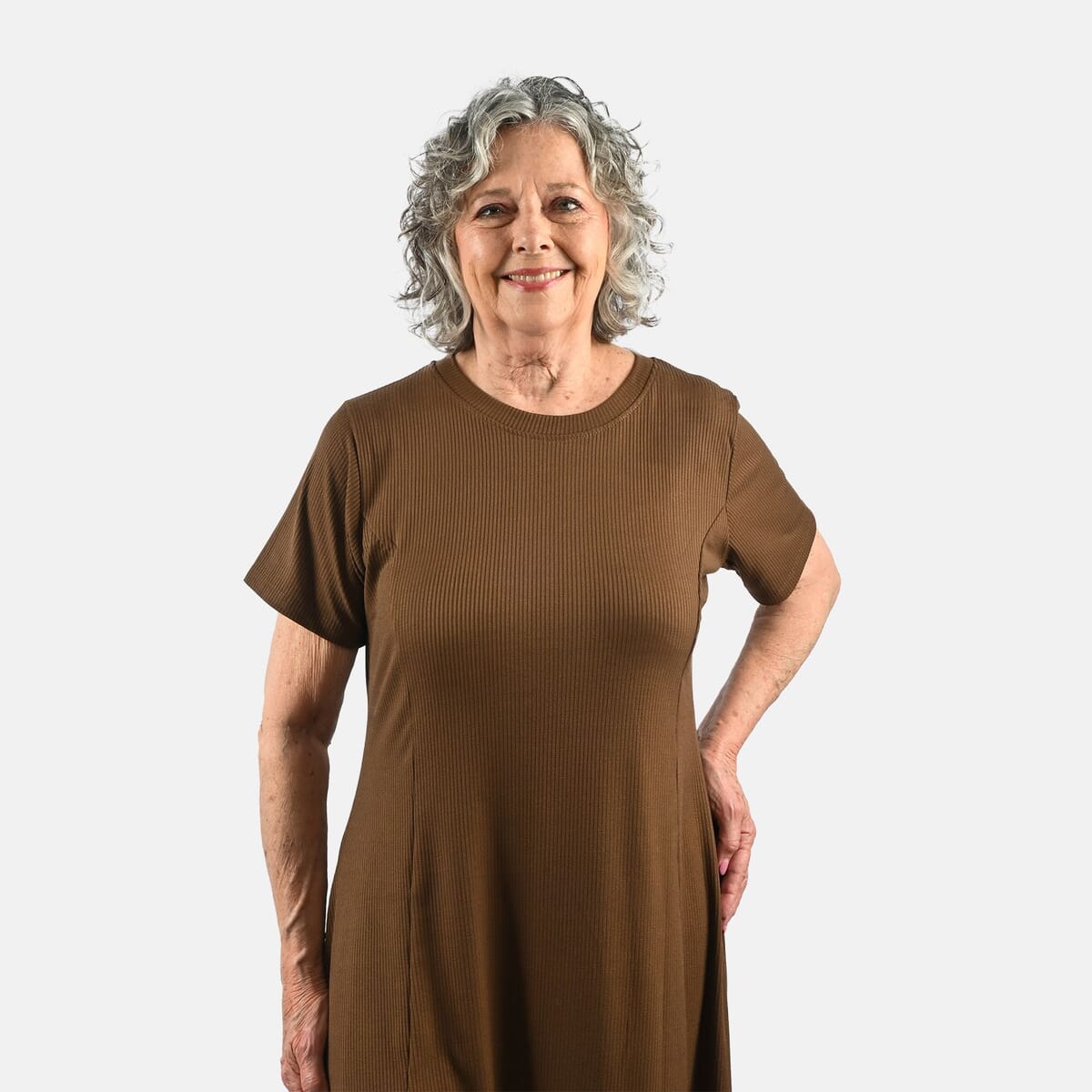 Tamsy Chocolate Rib Knit Princess Seam Short Sleeve Dress - M image number 3