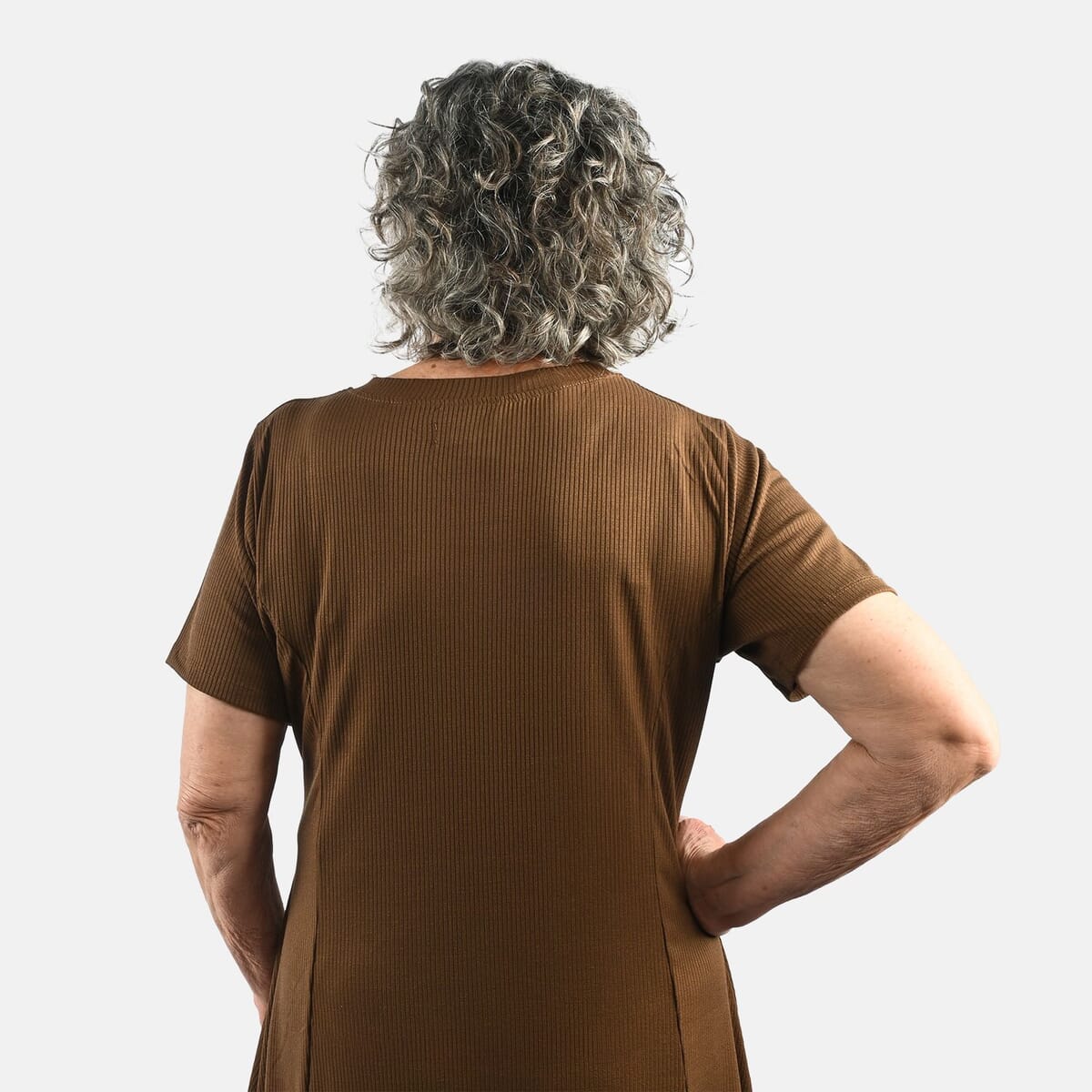 Tamsy Chocolate Rib Knit Princess Seam Short Sleeve Dress - M image number 4