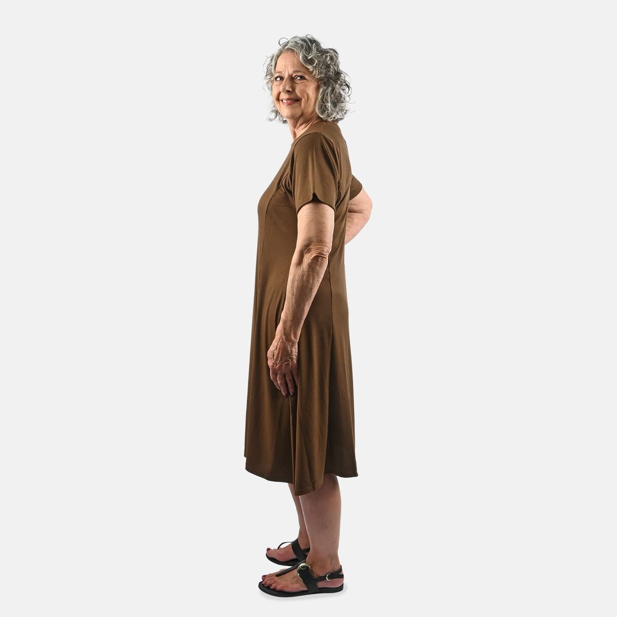 Tamsy Chocolate Rib Knit Princess Seam Short Sleeve Dress - XL image number 2