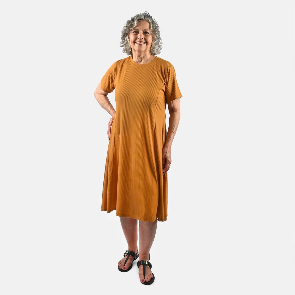 Tamsy Honey Rib Knit Princess Seam Short Sleeve Dress - M image number 0
