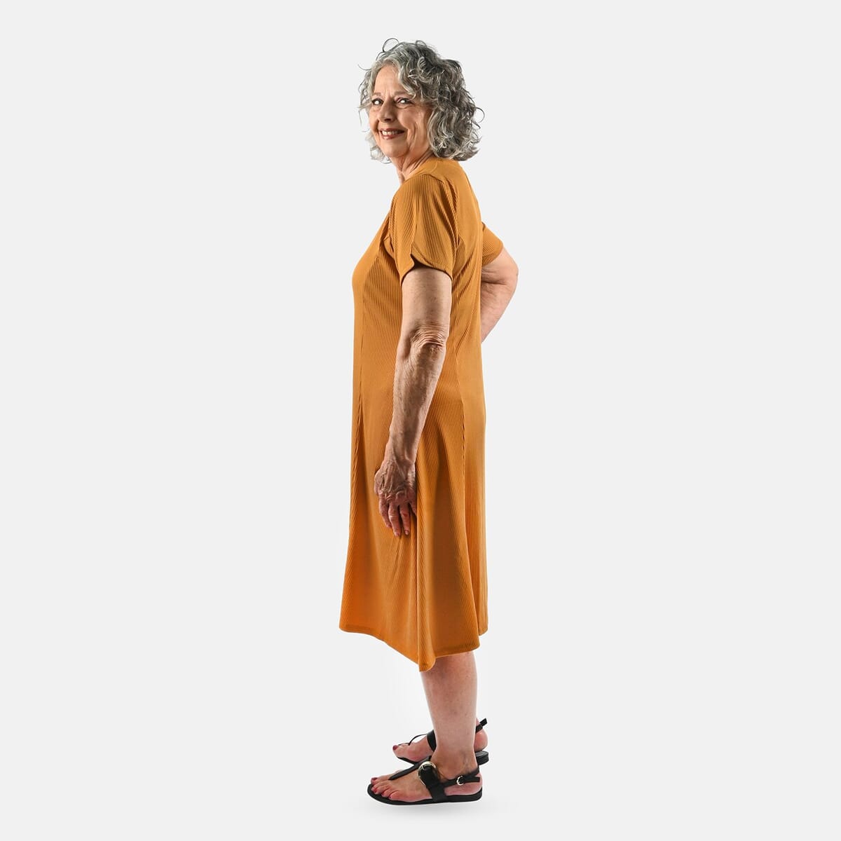 Tamsy Honey Rib Knit Princess Seam Short Sleeve Dress - M image number 2
