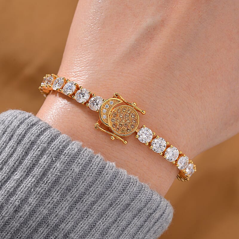D'Joy Moissanite and Yellow Sapphire 15.10 ctw Tennis Bracelet with Sun & Moon Lock in 18K Vermeil Yellow Gold Over Sterling Silver (7.25 In)