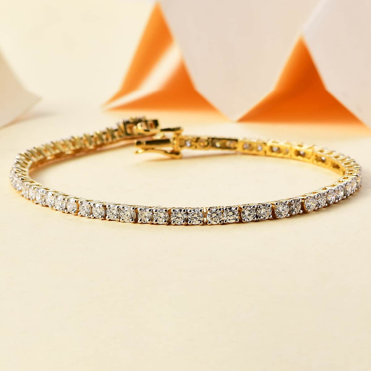 Luxuriant Lab Grown Diamond E-F VS 5.00 ctw Tennis Bracelet in 18K Vermeil Yellow Gold Over Sterling Silver (6.50 In) (Del. in 10-15 Days) image number 1