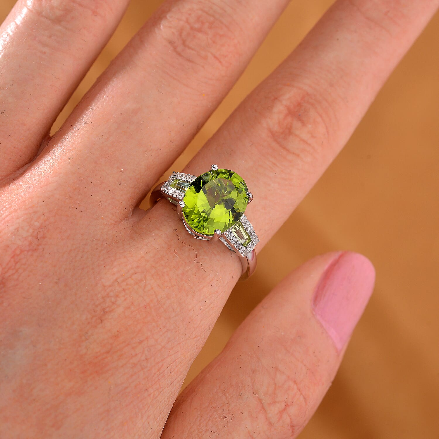Peridot and White Zircon 3.90 ctw Forest Dew Ring in Rhodium Over Sterling Silver (Size 10.0)