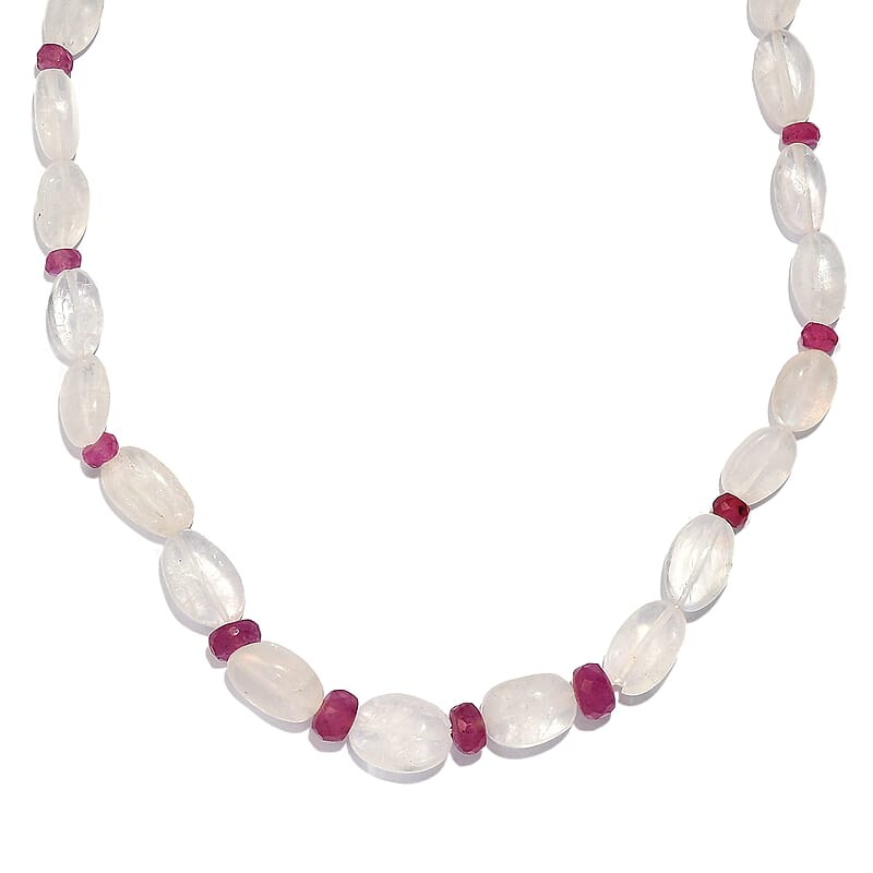 Rainbow Moonstone and Niassa Ruby (FF) 76.00 ctw Necklace 18 Inches in Rhodium Over Sterling Silver