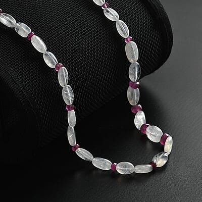 Rainbow Moonstone and Niassa Ruby (FF) 76.00 ctw Necklace 18 Inches in Rhodium Over Sterling Silver