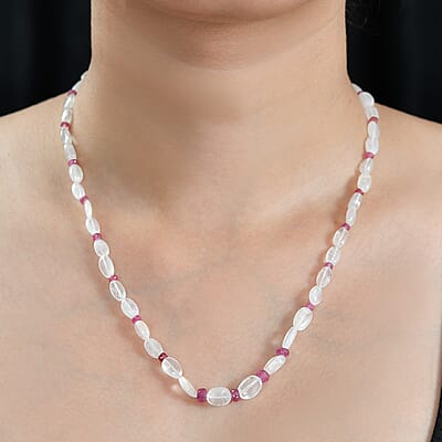Rainbow Moonstone and Niassa Ruby (FF) 76.00 ctw Necklace 18 Inches in Rhodium Over Sterling Silver