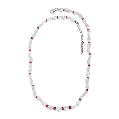 Rainbow Moonstone and Niassa Ruby (FF) 76.00 ctw Necklace 18 Inches in Rhodium Over Sterling Silver