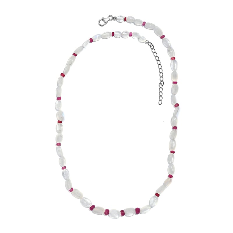 Rainbow Moonstone and Niassa Ruby (FF) 76.00 ctw Necklace 18 Inches in Rhodium Over Sterling Silver