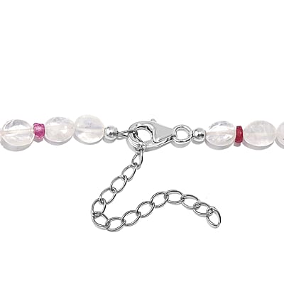 Rainbow Moonstone and Niassa Ruby (FF) 76.00 ctw Necklace 18 Inches in Rhodium Over Sterling Silver