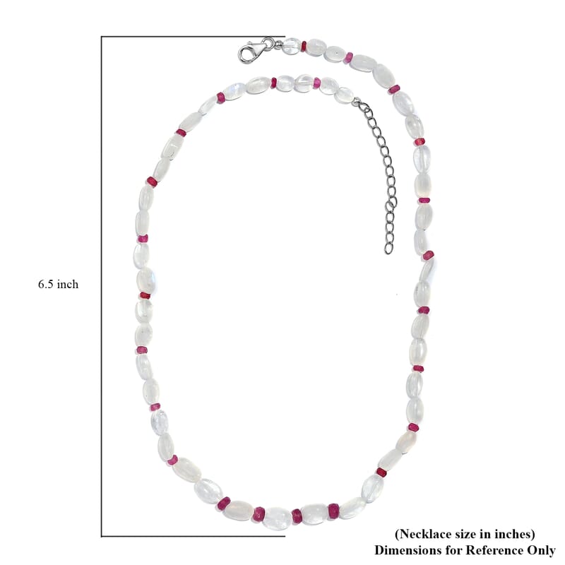 Rainbow Moonstone and Niassa Ruby (FF) 76.00 ctw Necklace 18 Inches in Rhodium Over Sterling Silver
