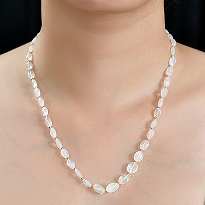 Rainbow Moonstone 55.00 ctw Necklace 18 Inches in 14K YG Over Sterling Silver