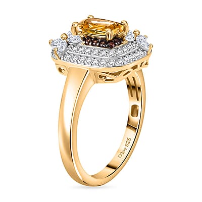 Premium Brazilian Heliodor, Brown and White Zircon 1.90 ctw Butterfly Ring in 18K Vermeil Yellow Gold Over Sterling Silver (Size 10.0)