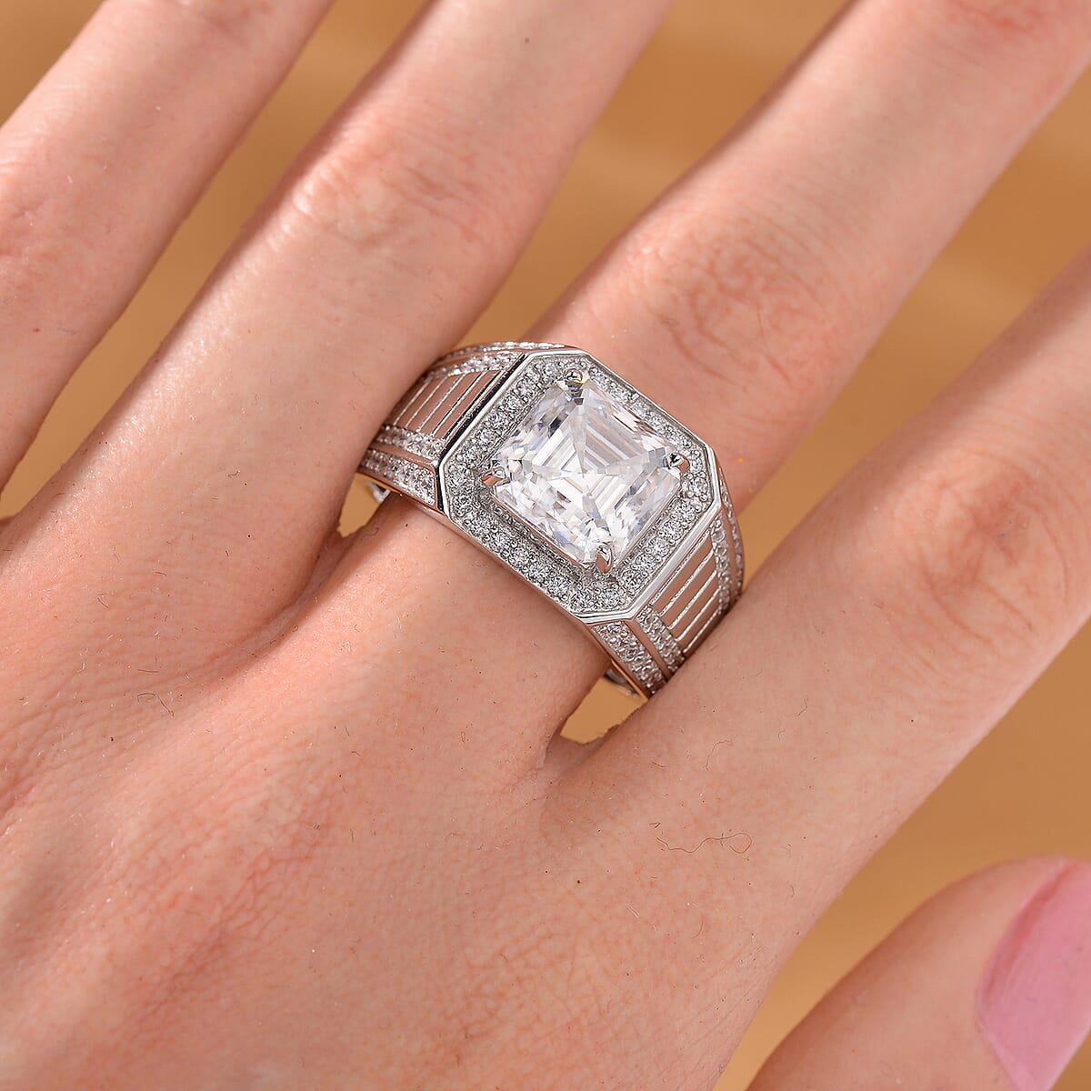 Asscher Cut Moissanite 5.25 ctw Men's Ring in Rhodium Over Sterling Silver (Size 10.0) image number 1