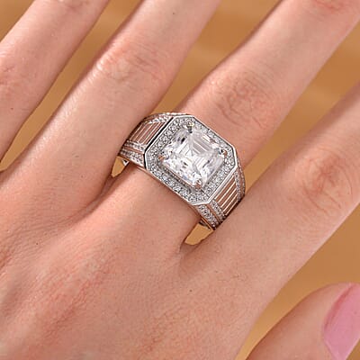 Asscher Cut Moissanite 5.25 ctw Men's Ring in Rhodium Over Sterling Silver (Size 10.0)