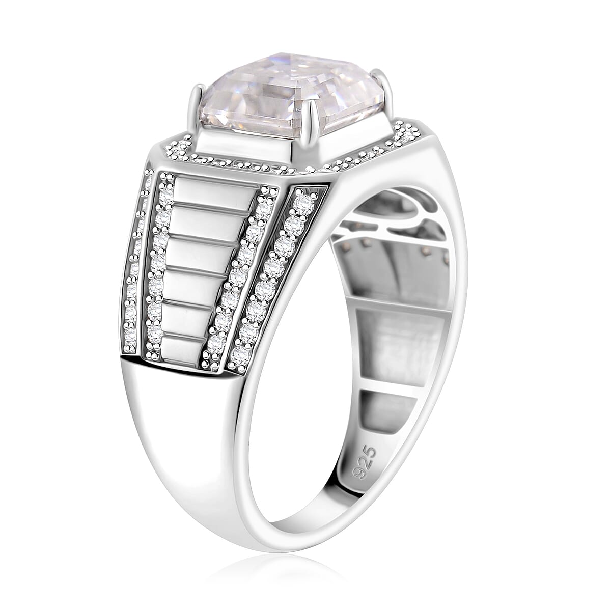 Asscher Cut Moissanite 5.25 ctw Men's Ring in Rhodium Over Sterling Silver (Size 10.0) image number 2