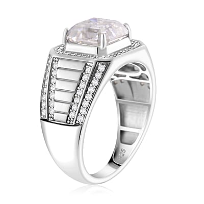 Asscher Cut Moissanite 5.25 ctw Men's Ring in Rhodium Over Sterling Silver (Size 10.0)