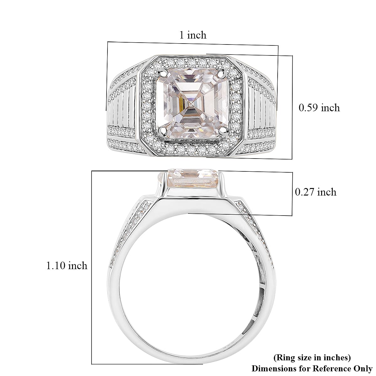 Asscher Cut Moissanite 5.25 ctw Men's Ring in Rhodium Over Sterling Silver (Size 10.0)