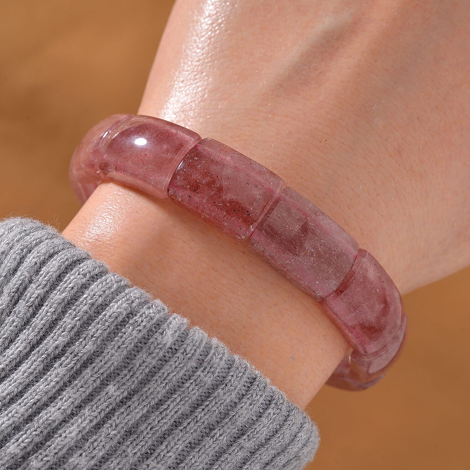Strawberry Quartz 150.00 ctw Block Stretch Bracelet