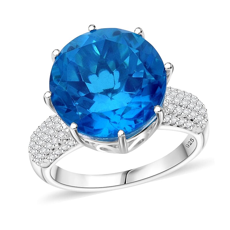 Caribbean Quartz (Triplet) and White Zircon 12.40 ctw Ring in Rhodium Sterling Silver (Size 10.0)
