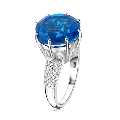 Caribbean Quartz (Triplet) and White Zircon 12.40 ctw Ring in Rhodium Sterling Silver (Size 10.0)